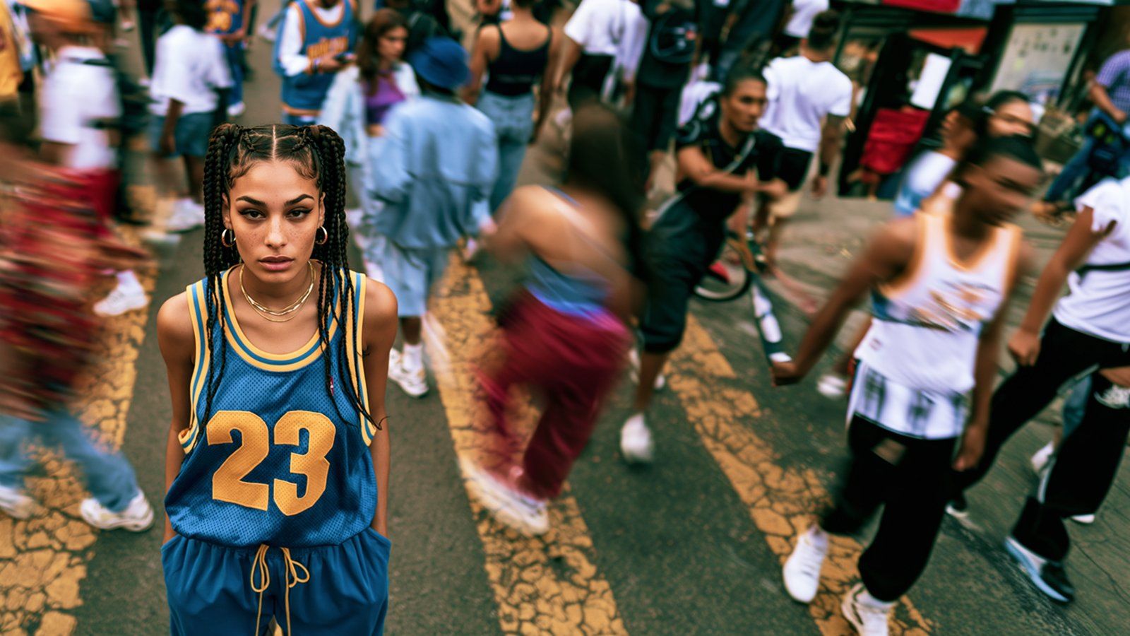 Fan wearing a team jersey walking through a city crowd