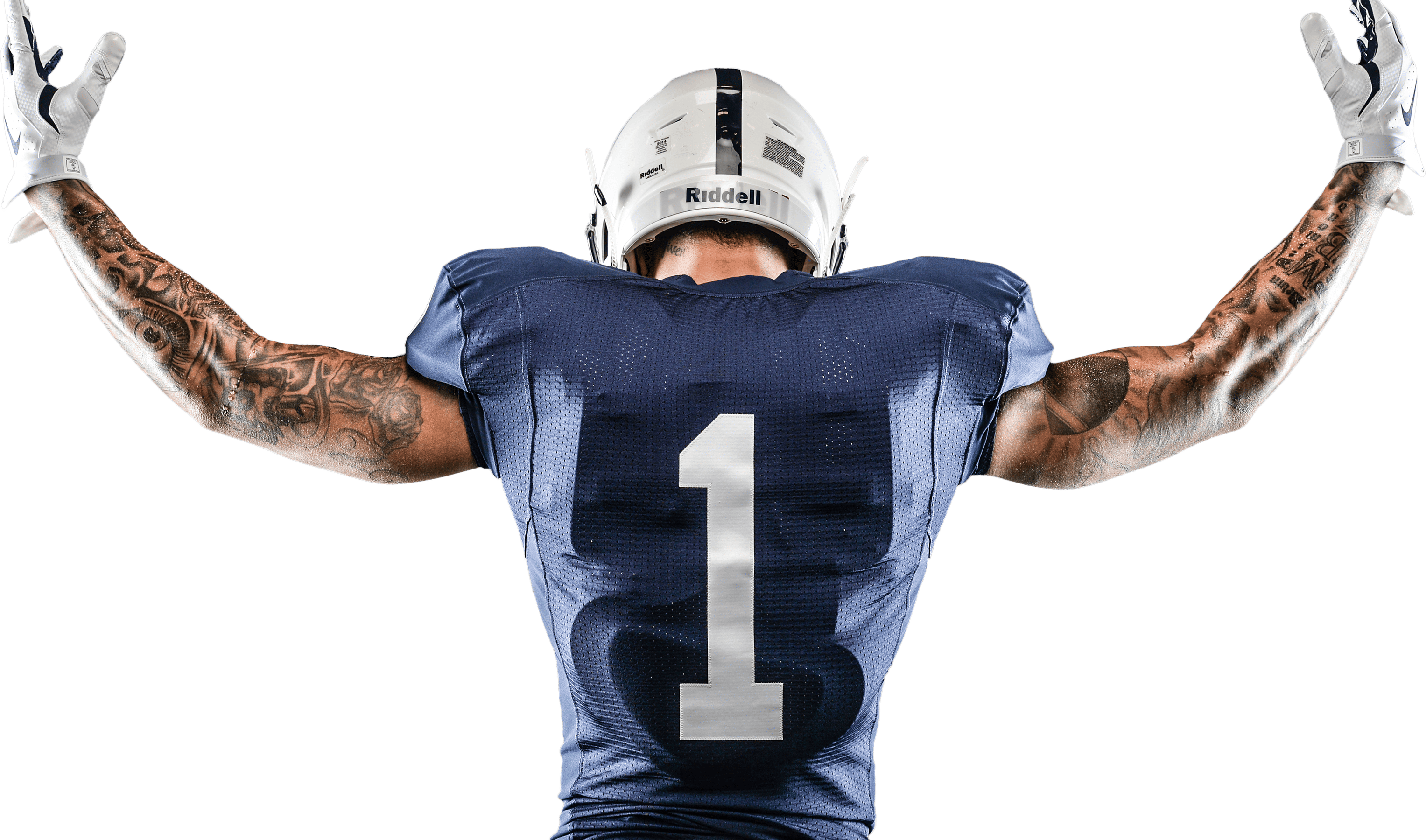 A Penn State football player, seen from behind, raising both arms